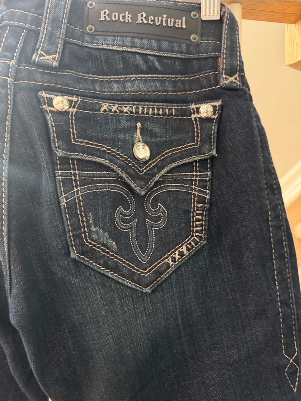 Rock Revival Celine Dark Indigo Bootcut Jeans with Cream Contrast Stitching 32”